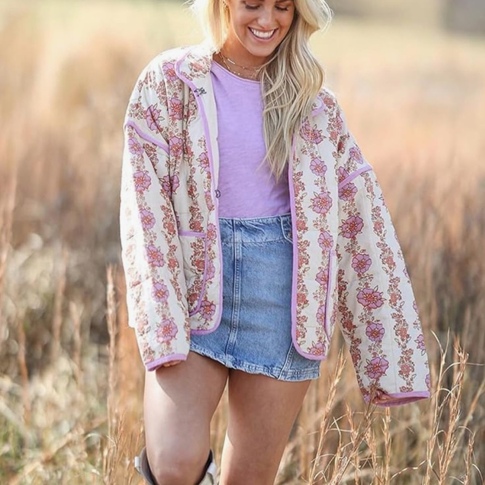 Floral Quilted Puff Jacket in Cream and Pink